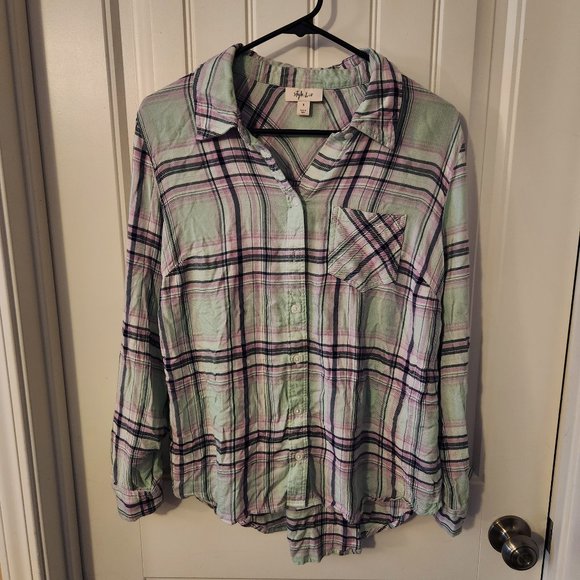 Style & Co. Tops - Soft Mint Green and Lavendar Flannel Button-down Blouse with Front Pocket